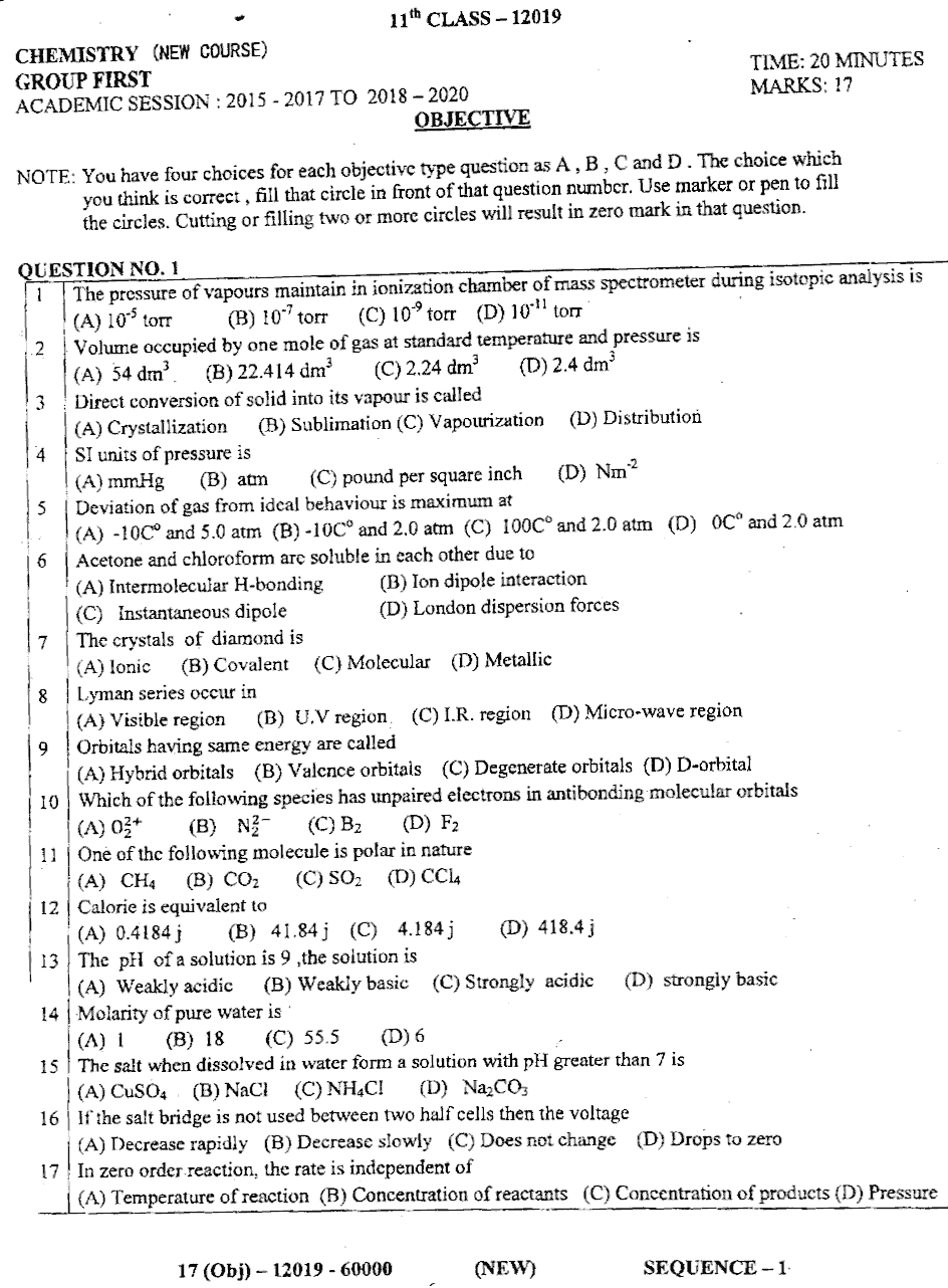 11th Class Chemistry Past Paper 2019 Dg khan Board Group 1 Objective 